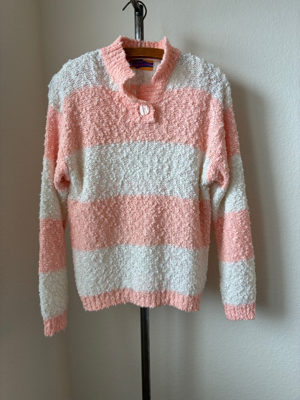 Vtg 80s sz M Prime Properties Slubby Pink and White Striped Long Sleeve Sweater